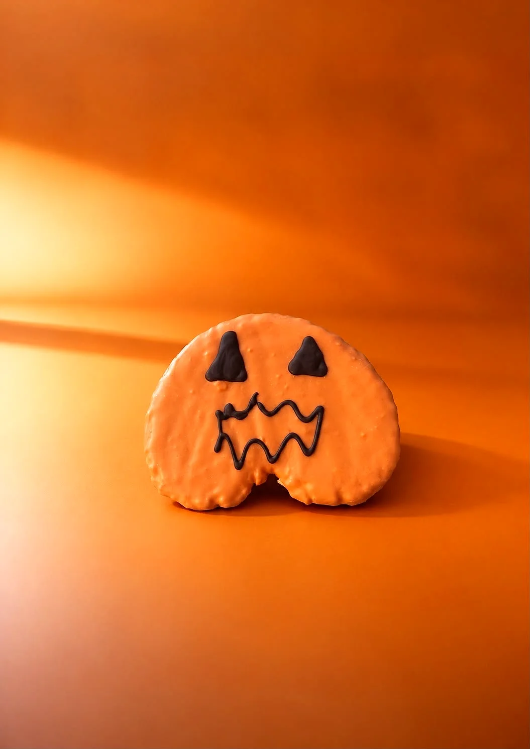 Palmera naranja con cara de calabaza de Halloween, bañada en chocolate blanco de color naranja